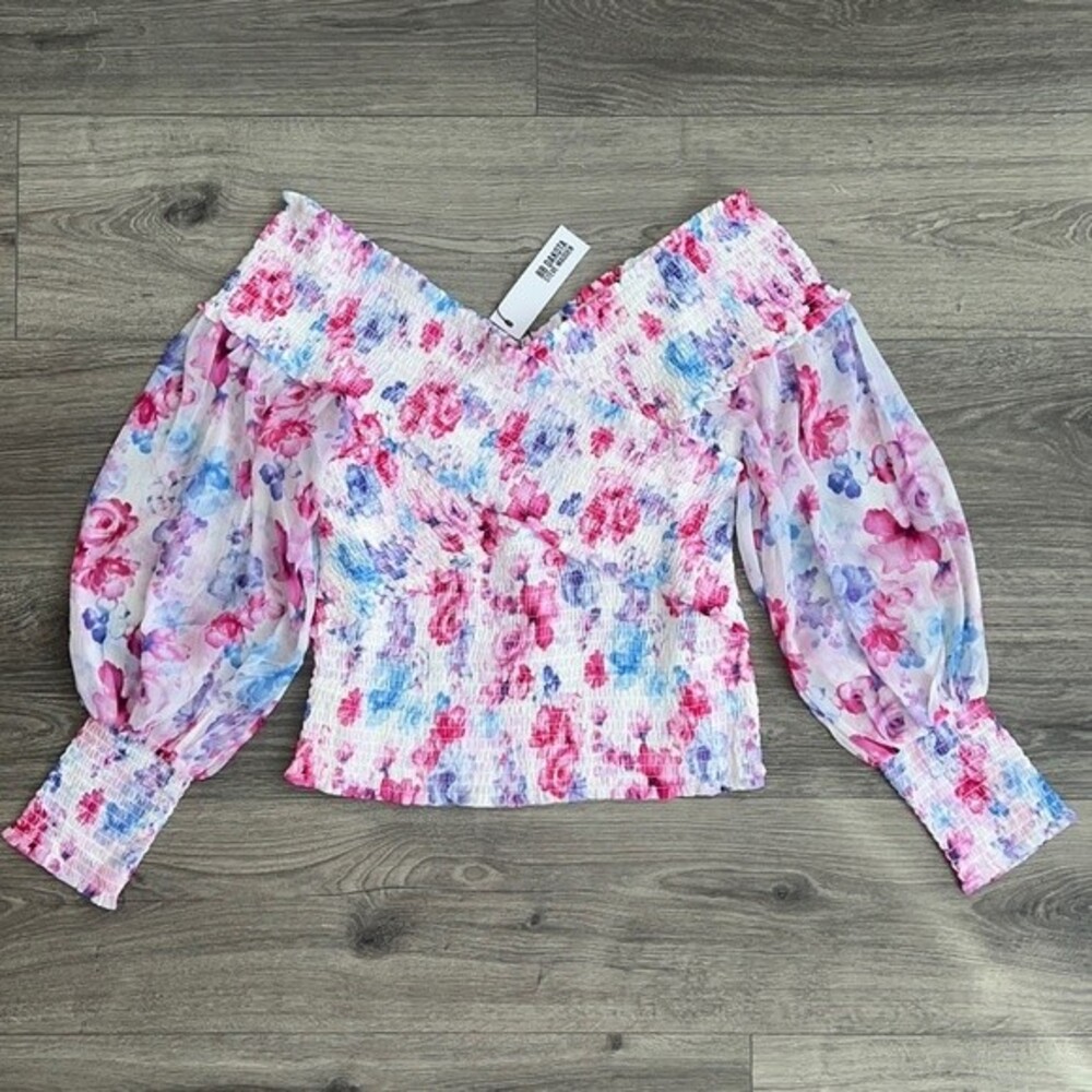 BB Dakota Off the Shoulder Top Large Smocked Blouson Sleeve Floral Cottagecore